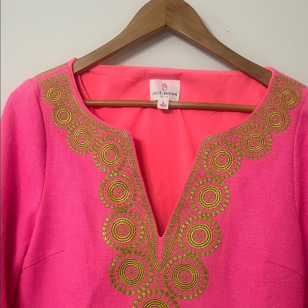 Julie Brown Hot Pink Tunic with Gold Embroidered V-Neck